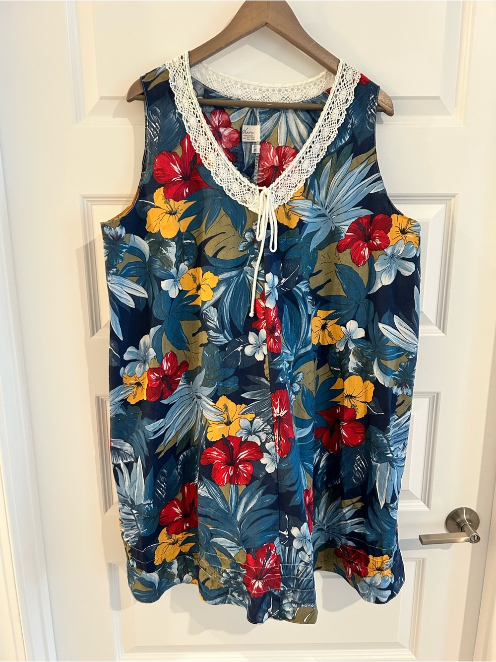 Feathers by Ket Youngstead Crochet Trim Dress Blue Multi Floral Size L / XL